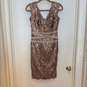 Tadashi Shoji Sparkling Sequin knee length Dress in Dusty Rose color